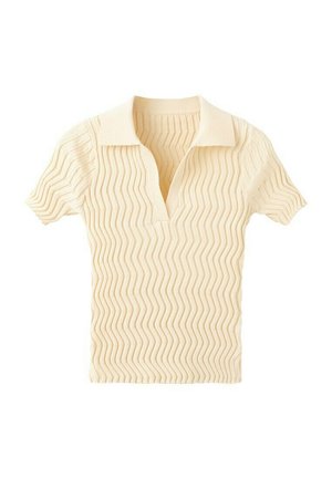 Bluză tricotată cu mâneci scurte, de culoare crem, cu textură zigzag și guler larg cu decolteu adânc în V.