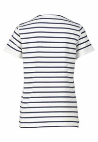 Striped t-shirt featuring horizontal navy stripes on a white background, made from soft cotton, with short sleeves and a round neckline.