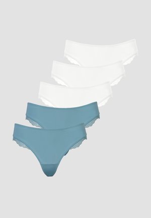 Four pairs of women's panties in light blue and white, made of smooth fabric with lace trim detailing along the waistband and legs.