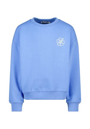 Jasnoniebieska bluza z okrągłym dekoltem i długimi rękawami, z małym białym wzorem kwiatu hibiskusa na lewej piersi.
