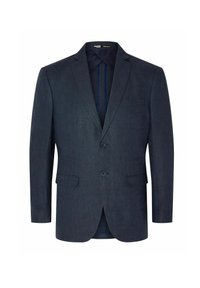 Blazer blu navy realizzato in tessuto texturizzato con rever a punta, due tasche frontali e chiusura a bottone; presenta una fodera interna a strisce in contrasto.