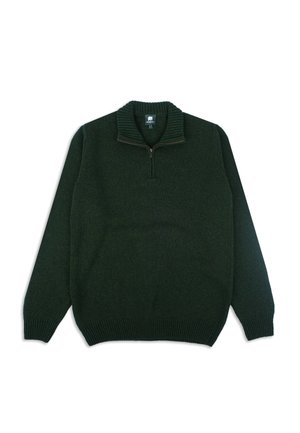 Donkergroene gebreide trui met een ritssluiting bij de kraag, geribbelde manchetten en een relaxte pasvorm. De textuur is zacht en toont een subtiel gemêleerd patroon.