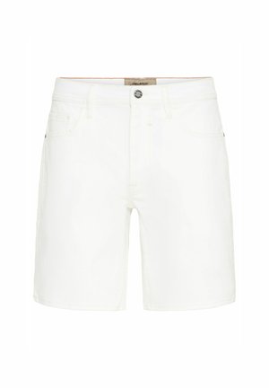 Hvite denimshorts med klassisk fem-lomme-design, metalldeksel og kontrasterende sømdetaljer. Jevn tekstur og rett snitt.