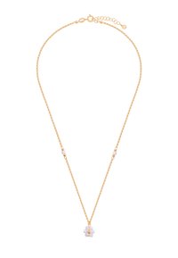 Złoty naszyjnik z łańcuchem, z centralnym zawieszką w kształcie kwiatu, zdobionym białymi i złotymi koralikami. Regulowana długość z zapięciem i łańcuszkiem przedłużającym.