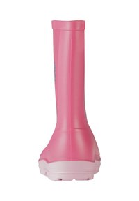 Botte de pluie en caoutchouc rose avec une texture lisse, un orteil arrondi et une semelle blanche. Présente un design simple sans motifs ni accents visibles.
