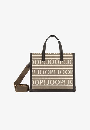 Pravokotni tobruk v bež in rjavi barvi iz tkanine z temno rjavimi usnjenimi dodatki, dvema ročajema, nastavljivim naramnim trakom in vzorcem z logotipom "JOOP!".