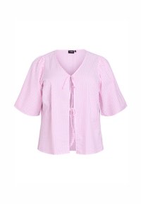 Striped blouse in light pink and white, featuring a v-neck, short puff sleeves, and a tie detail at the front. Made from lightweight fabric.