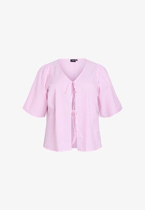 Blusa a righe rosa chiaro e bianca, con scollatura a V, maniche corte a palloncino e dettagli con nodo sul davanti. Realizzata in tessuto leggero.