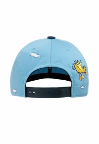 Light blue cap with embroidered yellow duck and white clouds, featuring a black adjustable strap at the back and textured fabric.