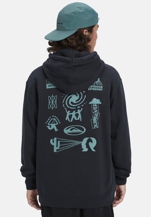 Dark navy hooded sweatshirt featuring teal graphic designs on the back, including outdoor-themed icons and logo text. Soft fabric, relaxed fit.