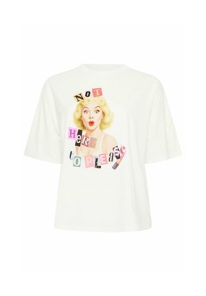 Weißes übergroßes T-Shirt mit einer überraschten blonden Frau und buntem Text "NICHT HIER, UM ZU GEFALLEN" sowie einer Lippenstift-Grafik.