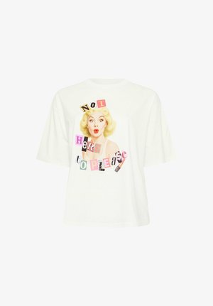 Weißes übergroßes T-Shirt mit einer überraschten blonden Frau und buntem Text "NICHT HIER, UM ZU GEFALLEN" sowie einer Lippenstift-Grafik.