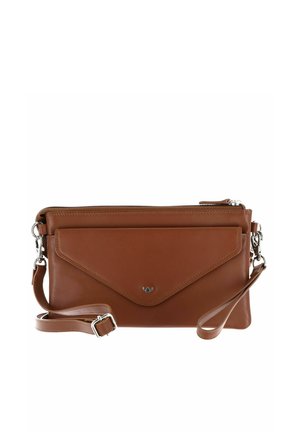 Sac bandoulière en cuir marron avec poche avant style enveloppe, quincaillerie argentée, sangle réglable et fermeture éclair sur le dessus.