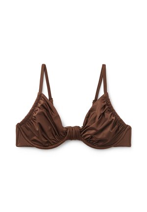 Brown triangular bikini top made of smooth, stretchy fabric. Features gathered detailing, adjustable straps, and a bandeau center.