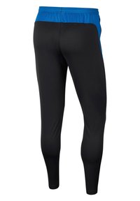 Zwarte sportbroek met een blauwe elastische tailleband en zijkanten. De stof is glad en aansluitend, ontworpen voor actieve kleding.
