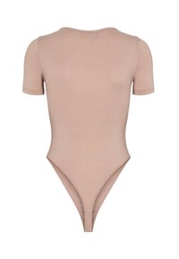 Body a maniche corte in morbido tessuto beige chiaro con scollatura tonda e design con schiena a perizoma. Tessuto liscio, forma aderente senza decorazioni.