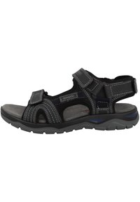 Black sandal made of synthetic material with adjustable Velcro straps, padded footbed, and textured gray sole featuring traction details.