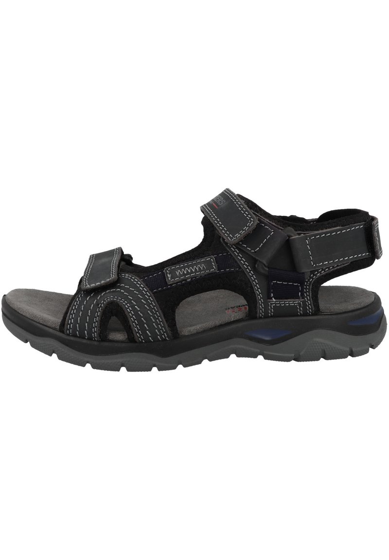Black sandal made of synthetic material with adjustable Velcro straps, padded footbed, and textured gray sole featuring traction details.