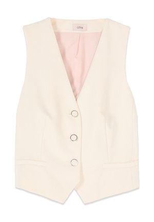 Beżowa kamizelka bez rękawów z głębokim dekoltem w kształcie litery V, trzema metalicznymi guzikami, kieszeniami po bokach oraz jasnoróżową podszewką.