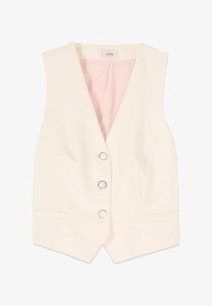 Beżowa kamizelka bez rękawów z głębokim dekoltem w kształcie litery V, trzema metalicznymi guzikami, kieszeniami po bokach oraz jasnoróżową podszewką.
