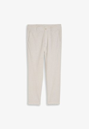 Lichtbeige broek met rechte pijpen, zijzakken, riemlussen en een voorvak met knoop- en ritssluiting.