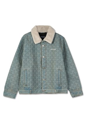 Τζάκετ από τζιν σε ανοιχτό μπλε χρώμα με σχέδιο καρό, φουντωτό κρέμ κολάρο, μπροστινά κουμπιά και πλαϊνές τσέπες. Λογότυπο "PEGADOR" στο στήθος.