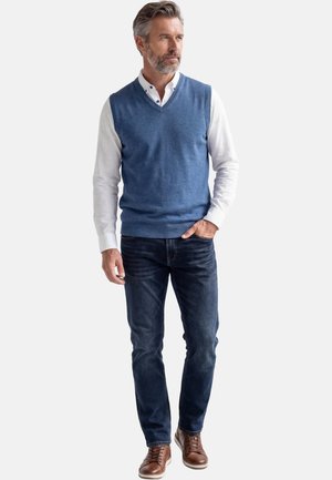 Uomo con capelli grigi e barba che indossa un maglione senza maniche blu, camicia bianca, jeans scuri e scarpe marroni, in piedi con una mano in tasca.