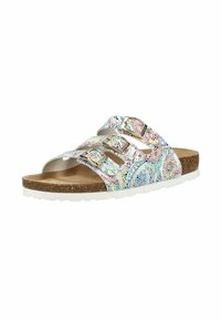 Sandale blanche avec semelle en liège, trois brides réglables avec boucles dorées, et motif abstrait multicolore sur les brides.