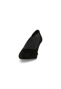 Scarpa con zeppa nera in suede con punta affusolata, caratterizzata da un pannello in tessuto liscio e una finitura testurizzata sulla parte superiore. Design con tacco basso.