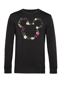 Schwarzer Sweatshirt mit langen Ärmeln, der ein florales Herzdesign in Rosa, Weiß und Grün aufweist, aus weichem Baumwollmaterial gefertigt.