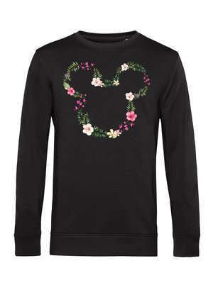 Felpa nera con maniche lunghe, decorata con un design di cuore floreale in rosa, bianco e verde, realizzata in morbido cotone.