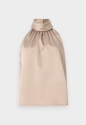 Beige halterkaelusega top kõrge kaelusega ja kogutud kangaga, valmistatud siledast, satiinilaadsest materjalist. Omab lõdva siluetti.