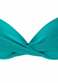 Tropfenförmiger BikinOberteil in Türkis mit einem gedrehten Design in der Mitte, gefertigt aus glattem Stoff mit dezentem Glanz und ohne Verzierungen.