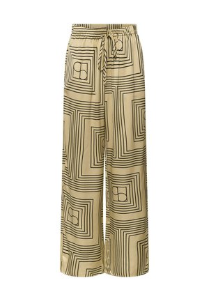 Pantalon beige à jambes larges avec motif géométrique noir de carrés et cercles, taille élastique et cordon de serrage à l'avant.