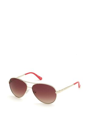 Occhiali da sole aviator con lenti marroni gradiente, montatura in metallo dorato e stanghette in plastica rosa con un design testurizzato.
