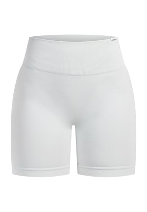 Pantalones cortos ajustados blancos hechos de una tela lisa y elástica. Presentan una cinturilla amplia acanalada y un dobladillo sin costuras en las piernas.