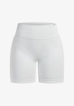 Hvide tætsiddende shorts lavet af et glat, strækbart stof. Har en bred ribbet talje og sømløse kanter ved benene.