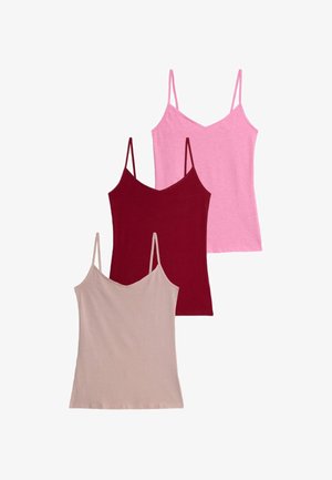 Trois débardeurs sans manches pour femmes avec de fines bretelles, en rose clair, bordeaux et beige, superposés verticalement sur un fond blanc.
