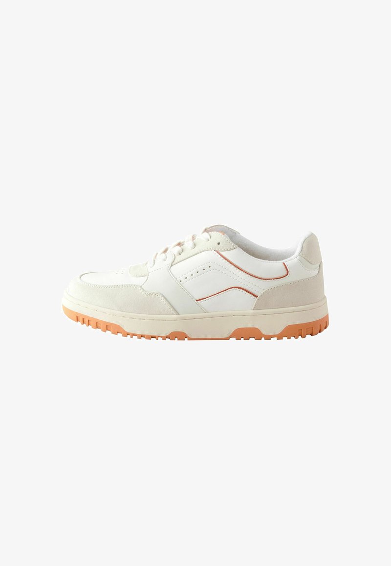 Lace-up sneaker with a white leather and suede upper, orange accents, padded collar, and a textured rubber sole. Classic athletic design.
