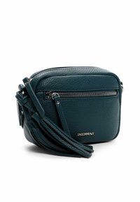 Teal leather crossbody bag with a textured finish, featuring a zip closure and fringe detail on the side, branded with "EMILY & NOAH."