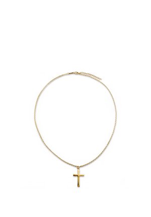Hieno kullanvärinen ketjukaulakoru, jossa on pieni sileä kultainen risti-riipus valkoisella taustalla keskitettynä.