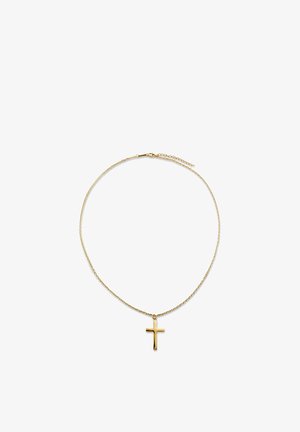 Delikat gullkjede med et lite, glatt gullkors anheng plassert i midten på en hvit bakgrunn.