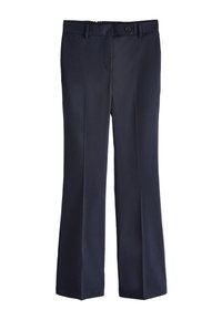 Pantalon bleu marine en tissu lisse, présentant une coupe droite, des poches avant et une fermeture par bouton à la taille.