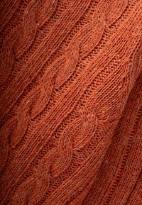 Tessuto lavorato a maglia con una trama in una calda tonalità arancione, caratterizzato da un motivo a trecce, che mette in risalto intricate trame intrecciate e fibre visibili.