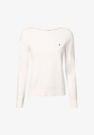 Pulover alb cu maneci lungi, realizat dintr-un material tricotat. Are un decolteu rotund și un mic logo brodat pe piept. Textură netedă.