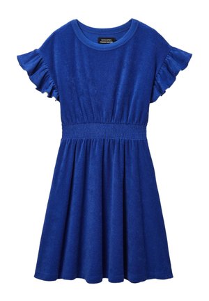 Robe bleue à manches courtes avec taille élastique et manches volantées, dotée d'un col rond et d'une jupe évasée.