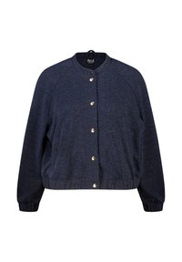 Blouson aviateur bleu marine en tissu texturé, boutons-pression dorés, poignets côtelés et col rond. Silhouette bouffante et coupe décontractée.