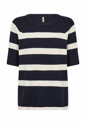 Navy and white striped knit sweater with short sleeves and a rounded neckline. The fabric has a textured ribbed pattern.