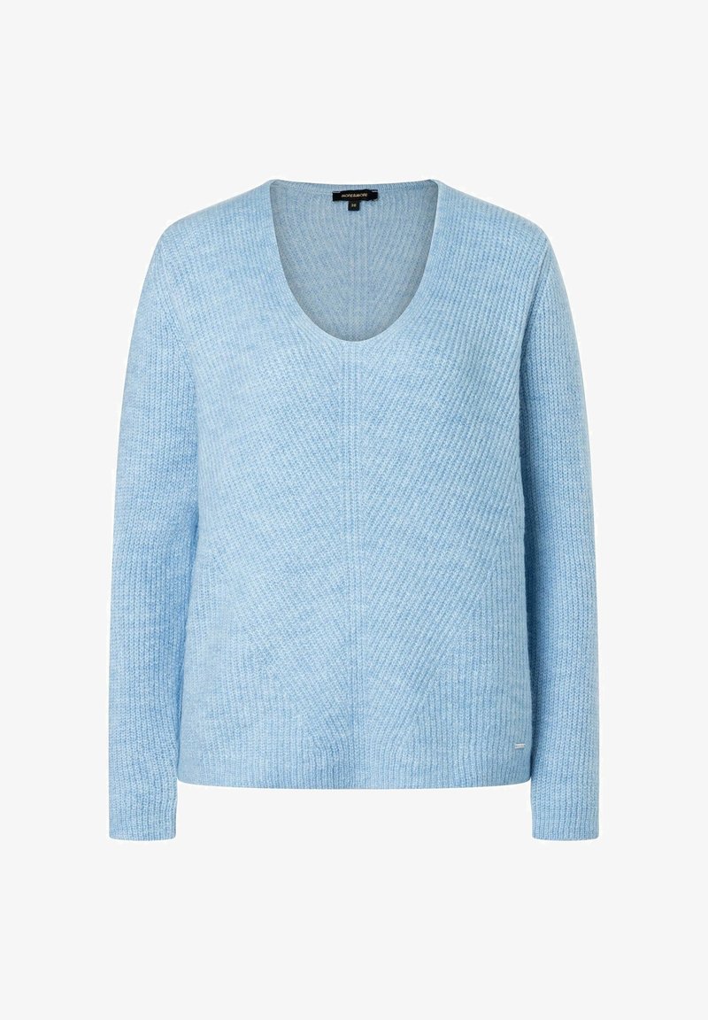 Pull en maille côtelée bleu clair avec manches longues et col rond, présenté à plat sur un fond blanc.