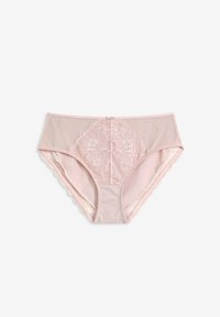 Rosa Spitzen-Slip mit floralem Design auf der Vorderseite, Netz-Seiten, gewellten Kanten und glattem Stoff mit weicher Textur.